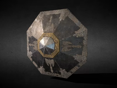 Ancient Metal Shield Featuring Octagonal Shape Intricate Carved Patterns And Golden Center Decoration 3d model