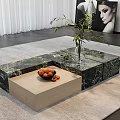 Elegant Modern Coffee Table With Marble Top Wooden Drawer Vase Plant And Fruit On Rug