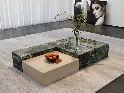 Elegant Modern Coffee Table With Marble Top Wooden Drawer Vase Plant And Fruit On Rug 3d model