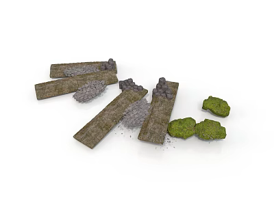 Rustic Natural Outdoor Construction Elements With Wooden Planks Green Stones And Gravel 3d model