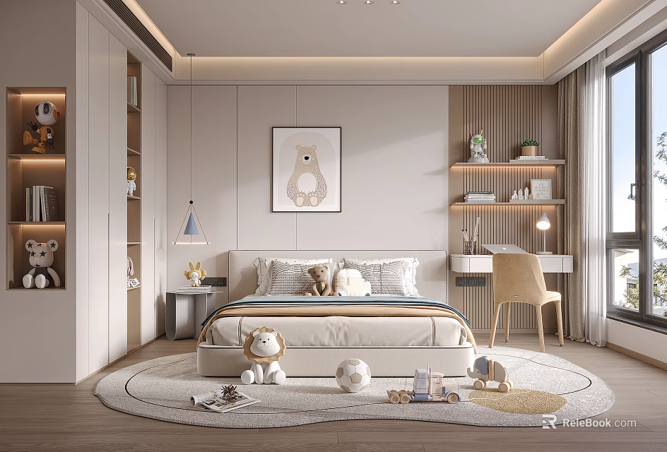 Modern Kids Bedroom With Plush Toys And Cozy Decor 3d model 