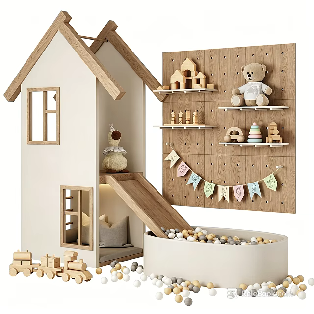 Cozy Children's Play Area With Wooden Playhouse Slide Wall Colorful Banners Toys And Ball Pit 3d model 