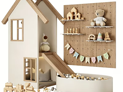 Cozy Children's Play Area With Wooden Playhouse Slide Wall Colorful Banners Toys And Ball Pit 3d model