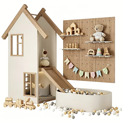 Cozy Children's Play Area With Wooden Playhouse Slide Wall Colorful Banners Toys And Ball Pit 3d model