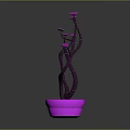 Purple Stemmed Potted Plant with Pink Flowers and Pink Pot on Dark Background