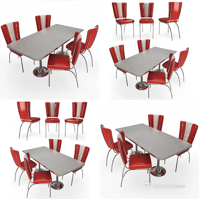 Modern Dining Table And Chairs Set With Red Seats And Gray Tabletop 3d model