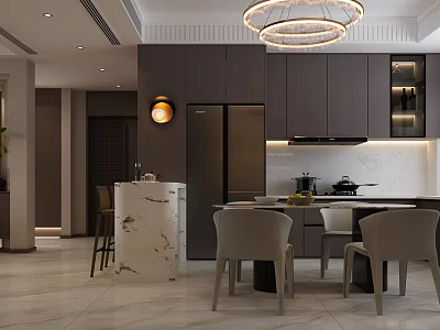 Modern Restaurant Open Kitchen Design With Dark Cabinets Marble Island And Dining Chairs 3d model