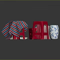 Red Stool With Striped Blanket White Towel And Blue White Vase On Red Dotted Mat