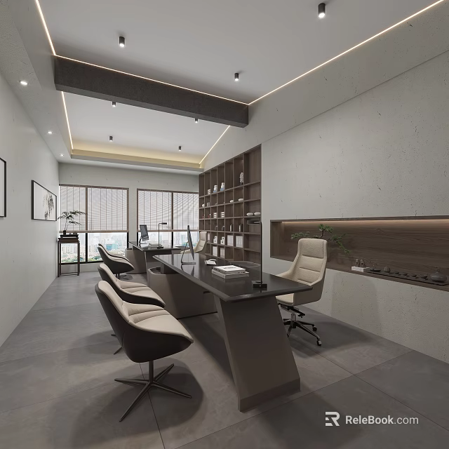 Modern Office Interior Design With Black Desk Leather Chairs Bookshelves And Large Windows 3d model 