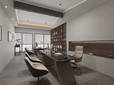 Modern Office Interior Design With Black Desk Leather Chairs Bookshelves And Large Windows 3d model