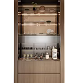 Modern Wine Cabinet With Glass Door Wooden Frame And Interior Dishes Glasses Lighting