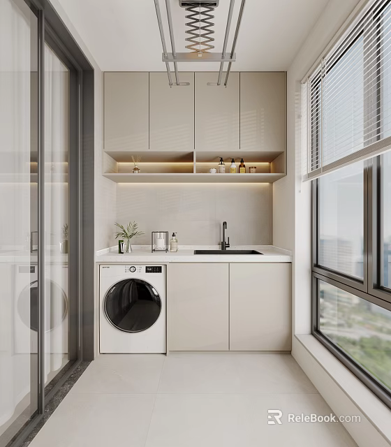 Modern Home Balcony With White Cabinets Washing Machine Sink Small Plant And Window View 3d model 