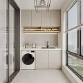 Modern Home Balcony With White Cabinets Washing Machine Sink Small Plant And Window View