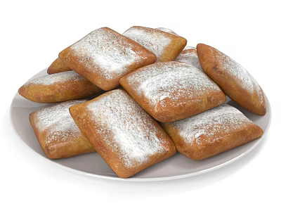Golden Brown Square Fried Pastries Topped With Powdered Sugar On White Plate 3d model