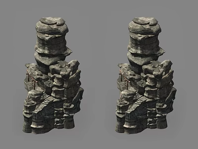 Traditional Garden Landscape Featuring Stacked Stone Structures And Layered Rock Formations 3d model