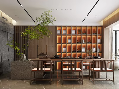 Traditional Tea Room Interior With Wooden Bookshelves Tea Sets Green Plant And Warm Lighting 3d model