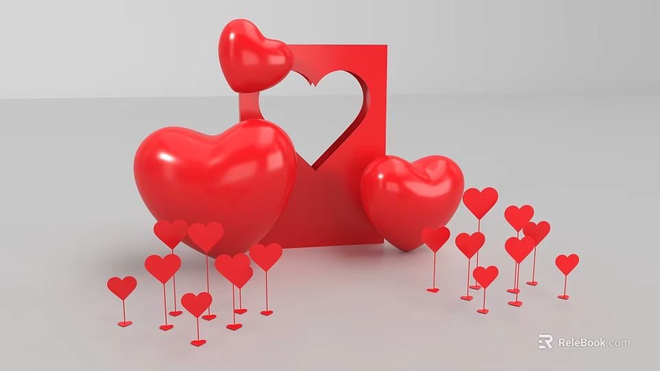 Romantic Red Heart Photo Check-in Spot With Heart Frame Large Hearts And Small Decorations 3d model 