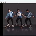 Four Men Skateboarding In Blue Sweatshirts Black Pants And Black Caps On Gray Reflective Floor