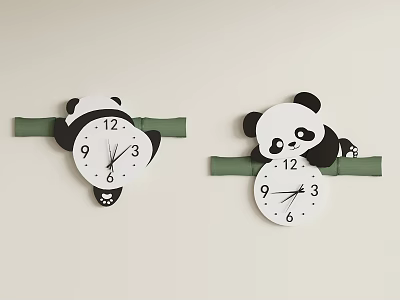 Panda Shaped Wall Clocks with Green Straps Leaning on White Wall 3d model