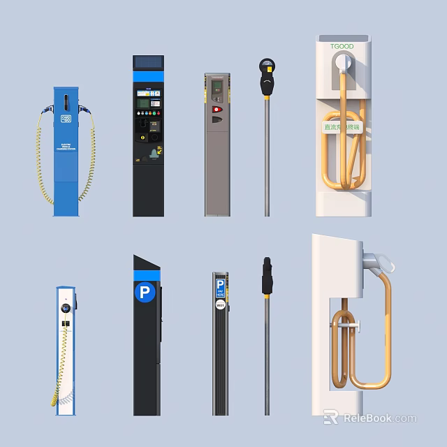 Commercial Equipment For Business Use Including Parking Meters EV Charging Stations And Charging Cables 3d model 