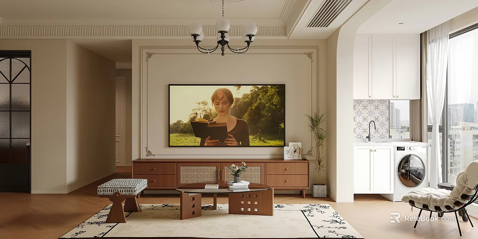 Elegant Living Room Interior Design With Wooden TV Stand Chandelier And Area Rug 3d model 