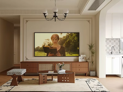 Elegant Living Room Interior Design With Wooden TV Stand Chandelier And Area Rug 3d model