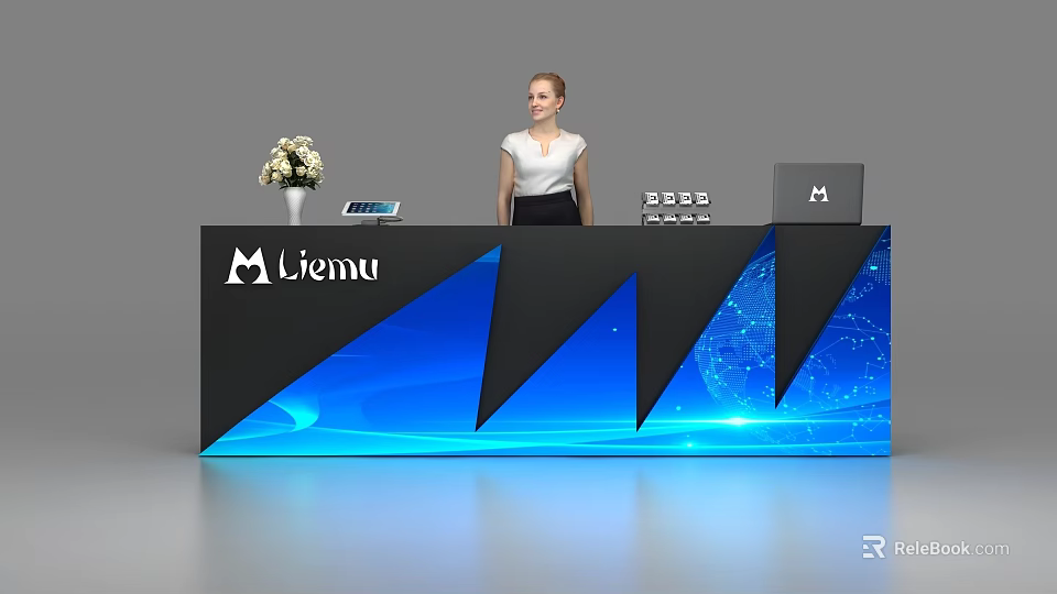 Miemu Reception Desk Featuring Modern Black Blue Geometric Design With White Flower Vase And Tablet 3d model 