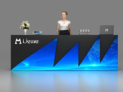 Miemu Reception Desk Featuring Modern Black Blue Geometric Design With White Flower Vase And Tablet 3d model