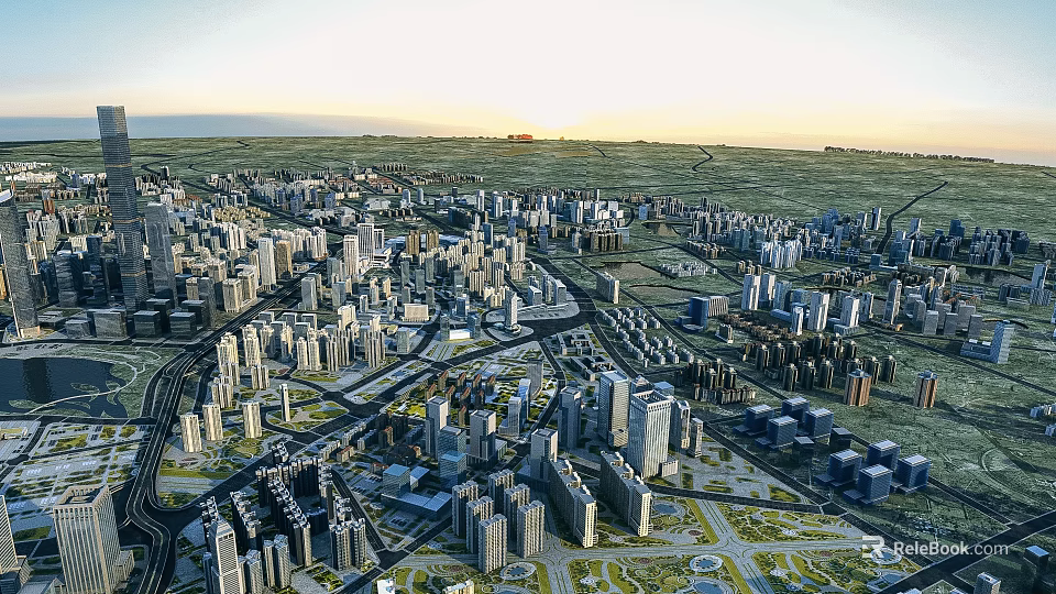 Aerial View City Planning With Modern Buildings Road Networks And Green Spaces 3d model 