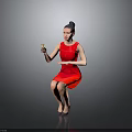 Elegant Woman Sitting Holding Yellow Cup In Red Dress Against Dark Background