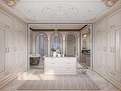 Luxurious Bathroom Interior Featuring White Cabinetry Arched Windows Marble Vanity And Bathtub 3d model