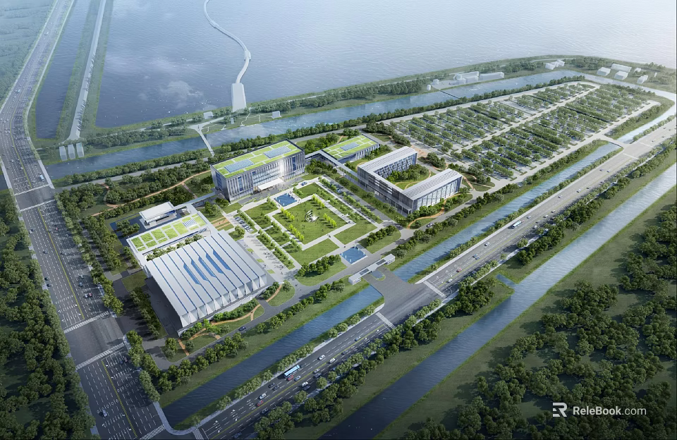 Modern Industrial Factory Complex With Large Scale Layout Greenery Roads And River 3d model 