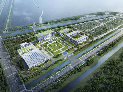 Modern Industrial Factory Complex With Large Scale Layout Greenery Roads And River 3d model