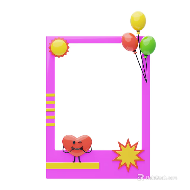 Decorative Pink Frame With Cartoon Heart Smiling Face Colorful Balloons Yellow Sun And Star Decorations 3d model 