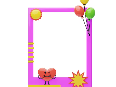 Decorative Pink Frame With Cartoon Heart Smiling Face Colorful Balloons Yellow Sun And Star Decorations 3d model