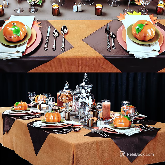 Festive Halloween Pumpkin Tableware Set With Cutlery Dishes And Decorations 3d model 