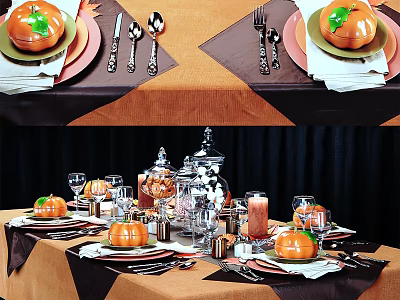 Festive Halloween Pumpkin Tableware Set With Cutlery Dishes And Decorations 3d model