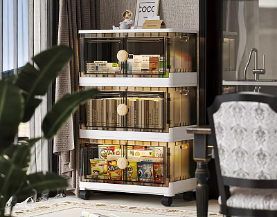 Transparent Glass Door Storage Cabinet With Multiple Layers Organized Books And Toys In Home Interior 3d model