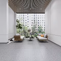 Modern Lobby Interior Featuring Wooden Ceiling Large Windows Sofa Tables And Cylindrical Stools
