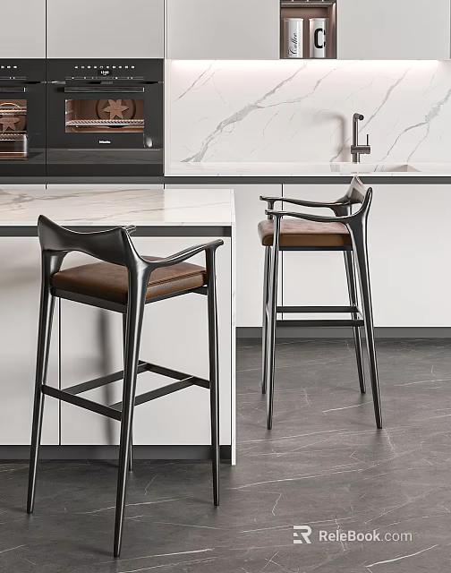 Modern Bar Counter With Marble Top And Leather Seated Metal Frame Bar Stools 3d model 