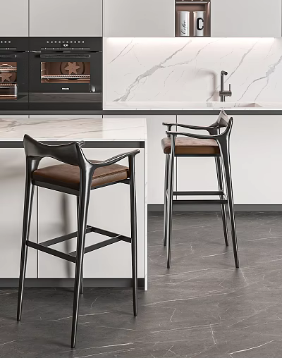 Modern Bar Counter With Marble Top And Leather Seated Metal Frame Bar Stools 3d model
