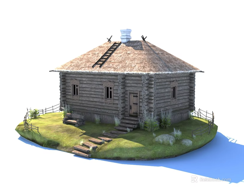 Traditional Log Cabin With Thatched Roof Chimney Ladder Steps And Fenced Grass Area Near Water 3d model 