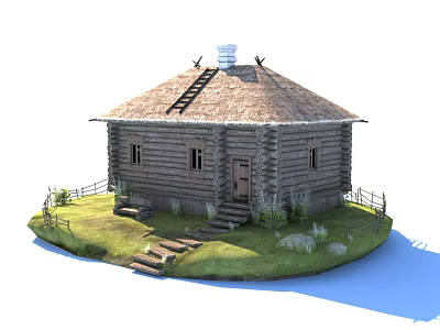 Traditional Log Cabin With Thatched Roof Chimney Ladder Steps And Fenced Grass Area Near Water 3d model