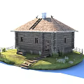 Traditional Log Cabin With Thatched Roof Chimney Ladder Steps And Fenced Grass Area Near Water