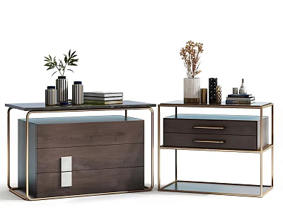 Modern Bedside Tables Interior Design With Wooden Drawers Gold Frames And Plants 3d model