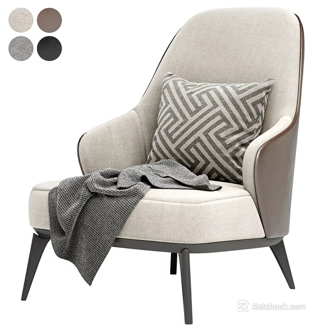Beige Upholstered Leisure Chair With Geometric Pillow Gray Blanket Leather Trim Arms Black Metal Legs 3d model 