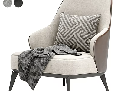 Beige Upholstered Leisure Chair With Geometric Pillow Gray Blanket Leather Trim Arms Black Metal Legs 3d model