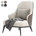 Beige Upholstered Leisure Chair With Geometric Pillow Gray Blanket Leather Trim Arms Black Metal Legs