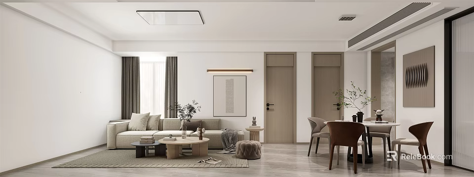 Modern Living and Dining Room Interior Design With Sofa Dining Table and Wall Art 3d model