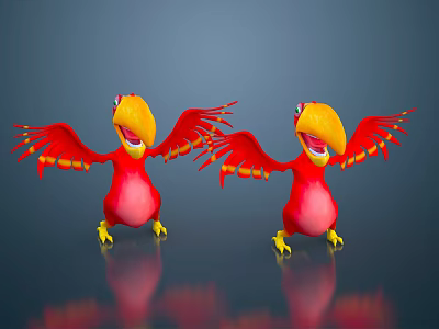 Two Red Toucans With Spread Wings Yellow Beaks On Gray Background With Reflections 3d model